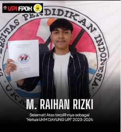 M. Raihan Rizki dari PGSD PENJAS 2021 berkesempatan mengemban amanah menjadi “Ketua UKM DAYUNG UPI” Periode 2023-2024.